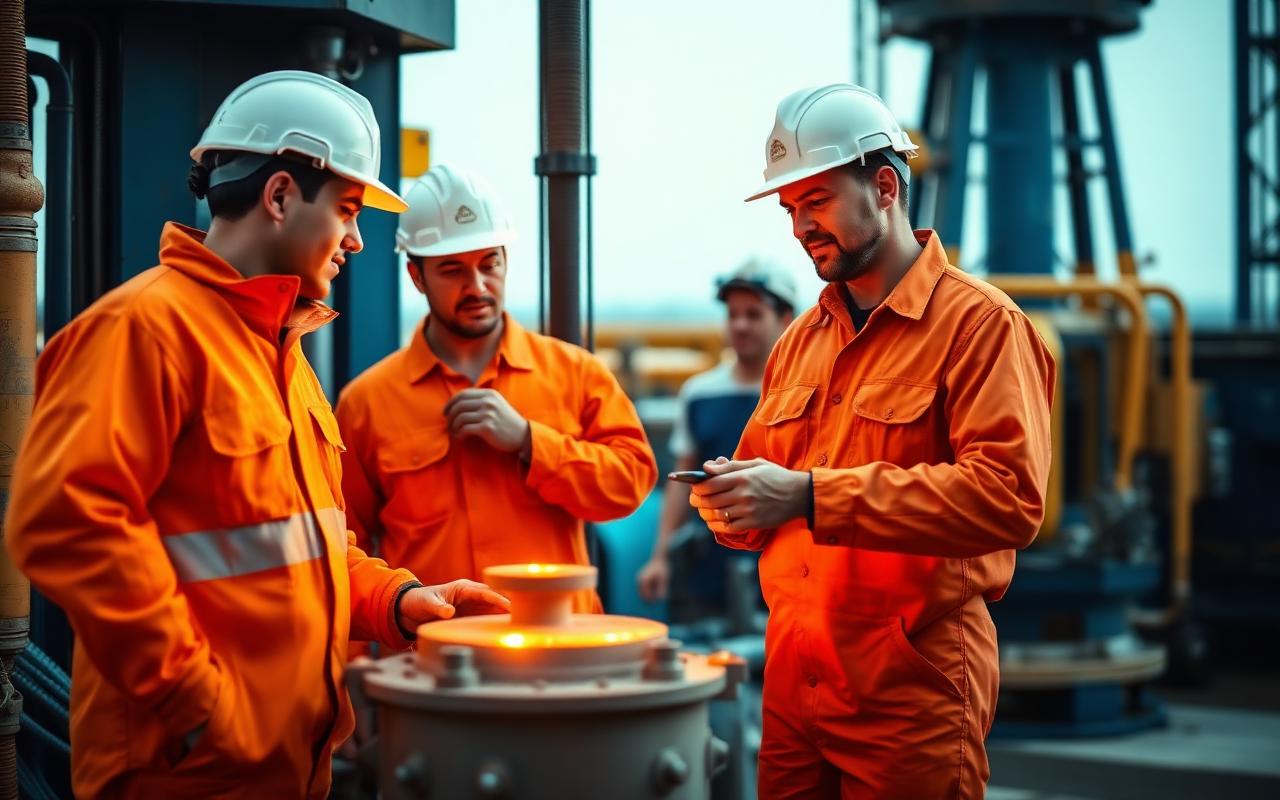 Oilfield engineers inspecting equipment