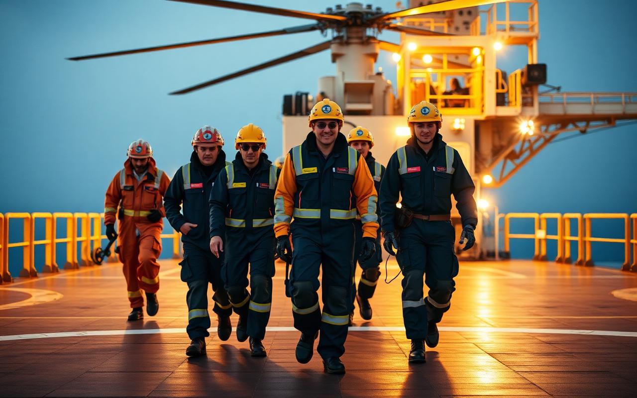 Offshore crew on platform helideck